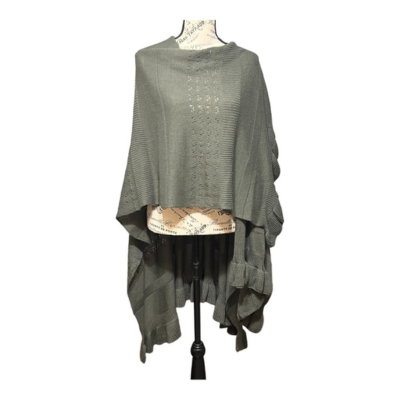 Tea Green Chunky Open Knit Ruffle Shawl Wrap Lagenlook Winter Layering Piece OS - Picture 8 of 15